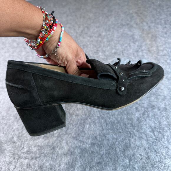 Franco Sarto Women's 8.5 Black Suede Tassels Studs Block Mid Heel Slip-on - Picture 2 of 6